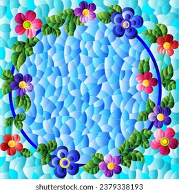 Illustration in the stained glass style with a wreath of bright flowers on a blue background, rectangular image