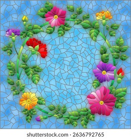 Illustration in the stained glass style with a wreath of bright flowers on a blue background, rectangular image