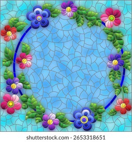 Ilustração no estilo de vidro manchado com uma grinalda de flores brilhantes em um fundo azul, imagem retangular
