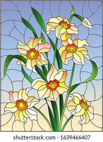 Illustration in stained glass style with yellow daffodils on blue background  rectangular image
