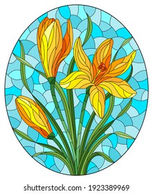 Illustration in stained glass style with a yellow hyacinth flowers on a blue background, oval image