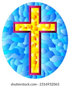 Illustration in stained glass style with a yellow cross on an abstract blue background, oval picture 