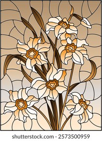 Illustration in stained glass style with yellow daffodils on sky background  rectangular image, tone brown