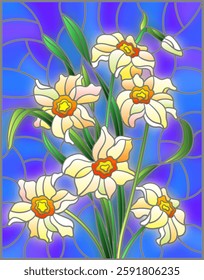 Illustration in stained glass style with yellow daffodils on blue background  rectangular image
