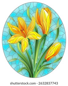 Illustration in stained glass style with a yellow hyacinth flowers on a blue background, oval image