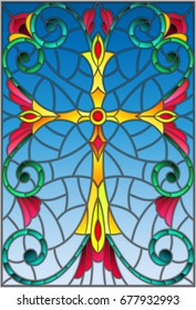 Illustration in stained glass style with a yellow cross on a purple background with patterns and swirls