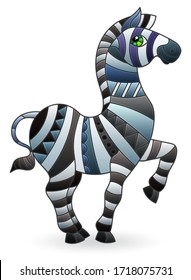 Illustration in stained glass style with a  Zebra, isolated on a white background