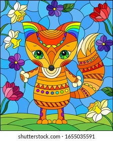 Illustration in a stained glass window with an abstract cute Fox on a background of flowers and sky