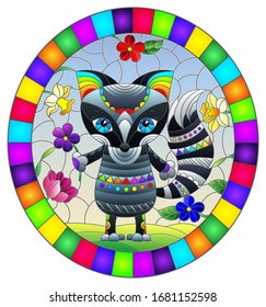 Illustration in a stained glass window with an abstract cute raccoon on a background of flowers and sky, oval image in bright frame