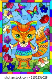 Illustration in a stained glass window with an abstract cute Fox on a background of flowers and sky in a bright frame