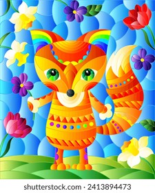 Illustration in a stained glass window with an abstract cute Fox on a background of flowers and sky