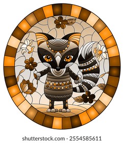 Illustration in a stained glass window with an abstract cute raccoon on a background of flowers and sky, oval image in frame, tone brown