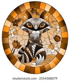 Illustration in a stained glass window with an abstract cute raccoon on a background of flowers and sky, tone brown