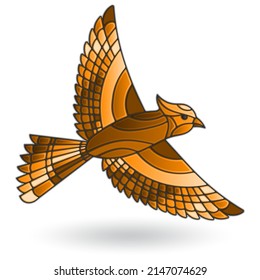 Illustration in stained glass window with a bird isolated on white background, tone brown