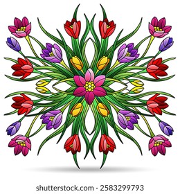 Illustration of stained glass Windows with Crocuses, isolated on a white background