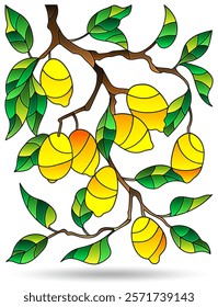 Illustration of stained glass Windows with lemon leaves and fruit branches, isolated on a white background