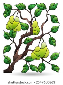 illustration of stained glass Windows with pear leaves and fruit branches, isolated on a white background