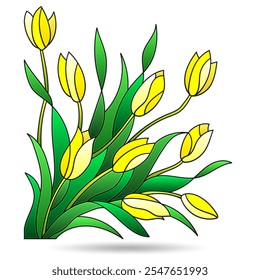 Illustration of stained glass Windows withTulips , isolated on a white background