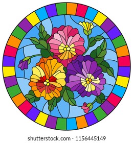 Illustration in stained-glass style with flowers pansies on a blue background in a bright frame, round image