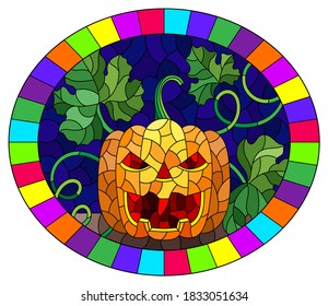 Illustration in a stained-glass style on the theme of the Halloween holiday, a pumpkin with a carved mask and leaves on a blue background, oval image in bright frame