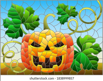 Illustration in a stained-glass style on the theme of the Halloween holiday, a pumpkin with a carved mask and leaves on a blue background