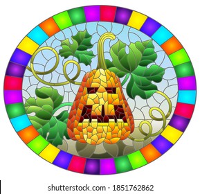 Illustration in a stained-glass style on the theme of the Halloween holiday, a pumpkin with a carved mask and leaves on a blue background, oval image in bright frame