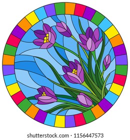 Illustration in stained-glass style with purple flowers  Crocuses on a blue background in a bright frame, round image