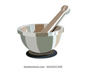 Illustration of a stainless steel mortar and pestle isolated on white background