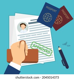 Illustration of a stamp with confirmation of documents for travel to another country and obtaining a visa.
Travelers and tourists preparing documents for leaving the country and going abroad. Foreign 