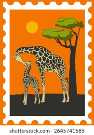 Illustration as a stamp with a giraffe mother and giraffe calf on the background of an African sunset. Vector illustration. Ideal for a poster, postcard or banner.