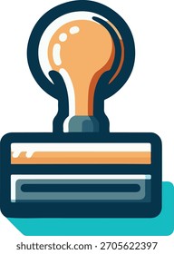 Ilustración de un sello con un diseño de bombilla en la parte superior. El sello tiene un esquema de color azul y naranja.