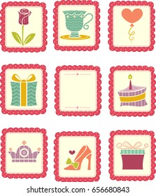 Illustration of Stamp Sticker Designs with a Rose, Gift, Cake, Crown, Shoe, Cake, Balloon and Cup