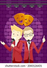 Illustration of Stand Up Comedian Performing Together with Microphones and Spotlight. Theater Masks on Display