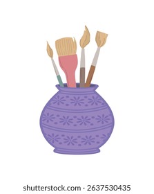Illustration of a stand with drawing brushes, vector illustration, highlighted on a white background.The concept of fine art and cartoon-style print. Stylish creative illustration.