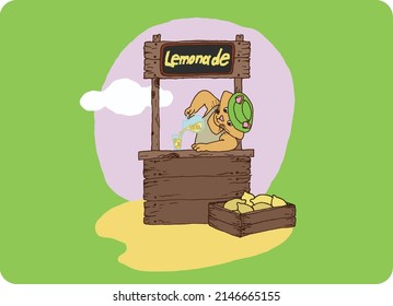 Illustration of a stand with lemonade and a cat. Lemonade stand, lemon crate, summer time, ready to use, eps. For your design
