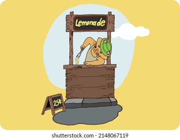 Illustration of a stand with lemonade and a cat. Lemonade stand, lemon, ice, summer time, ready to use, eps. For your design