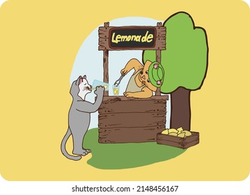 Illustration of a stand with lemonade and cats. Lemonade stand, lemon crate, ice, buyer, summer time, ready to use, eps. For your design