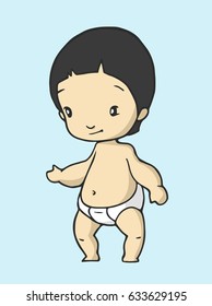 Illustration of standing asian baby girl in color