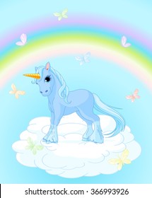 Illustration of standing beautiful unicorn on magic background