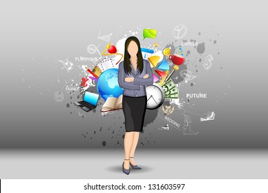 illustration of standing businesslady with object all around