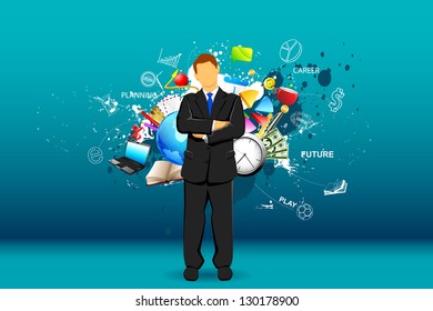 Illustration of standing businessman with object all around