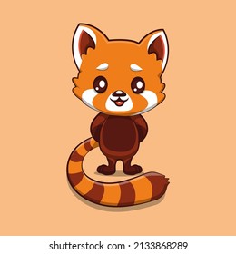 Illustration of standing cute red panda as anthropomorphic animal in orange colors