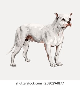 Illustration of a standing dog with a muscular build and short coat. The dog appears alert and attentive, showcasing its strong physique and attentive stance. Vintage dog illustration vector.