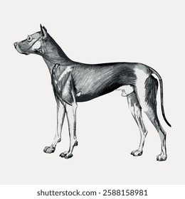 Illustration of a standing dog, showcasing a side profile. The dog is depicted in a sketch style, highlighting its posture and anatomy in a monochrome palette. Vintage animal illustration vector.