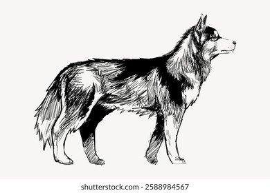 Illustration of a standing dog with thick fur. The dog is depicted in a side profile. Sketch of a dog showing detailed fur texture and posture. Vintage animal illustration vector.