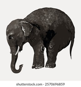 Illustration of a standing elephant with a textured, artistic style. The elephant is depicted in a side view, showcasing its large ears and trunk. Vintage illustration isolated on white, vector.