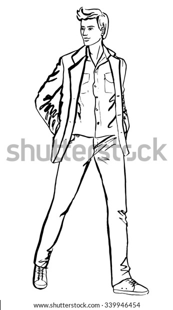 Illustration Standing Handsome Man Fashion Outline Stock