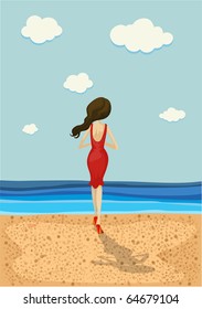 illustration of a standing lady at the beach.