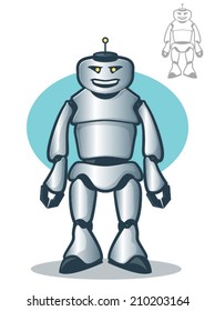 Illustration of a standing robot character with a big smile/Happy Robot Vector