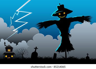 illustration of standing scarecrow in scary halloween night
